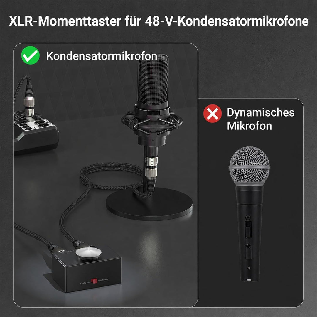 Cubilux XLR Mikrofon Stummtaste mit Momentfunktion, umschaltbar zwischen Push to Talk (PTT) und Push