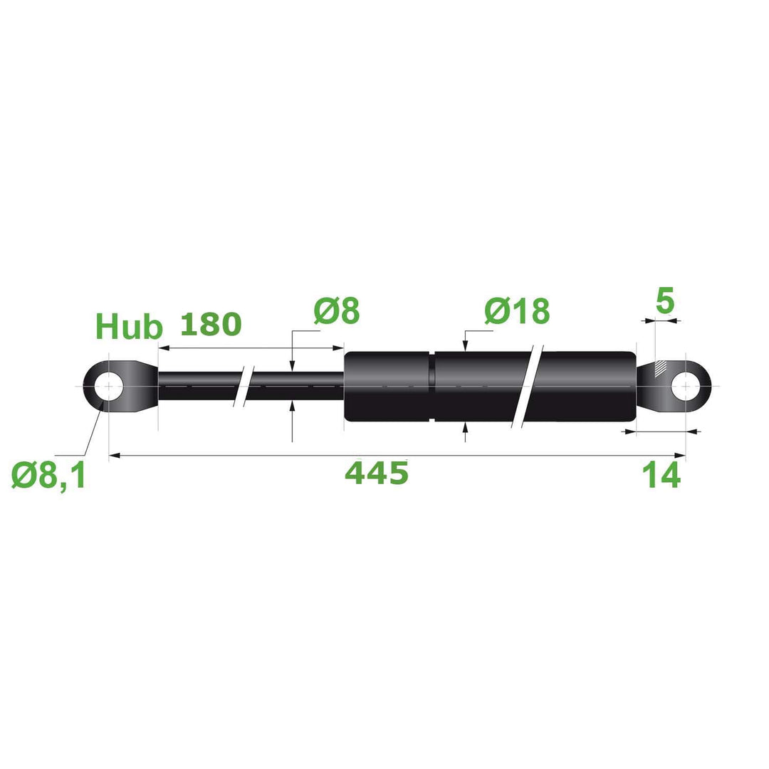 Trupa Gasdruckfeder 8/18, Schwarz, 8.1 mm Hub, 180 mm Auslenkung, 445 mm Länge, 500N Schub, Modell 0
