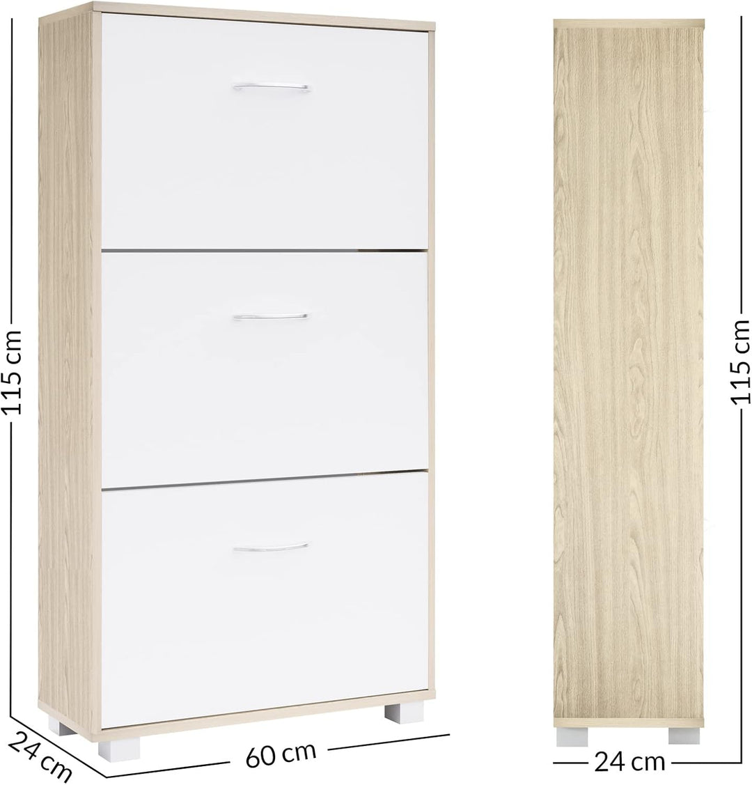 Casaria® Schuhschrank für 18 Paar Schuhe Schmal 115x60x25cm 3 Klappen Hoch Holz Geschlossen Kippsich