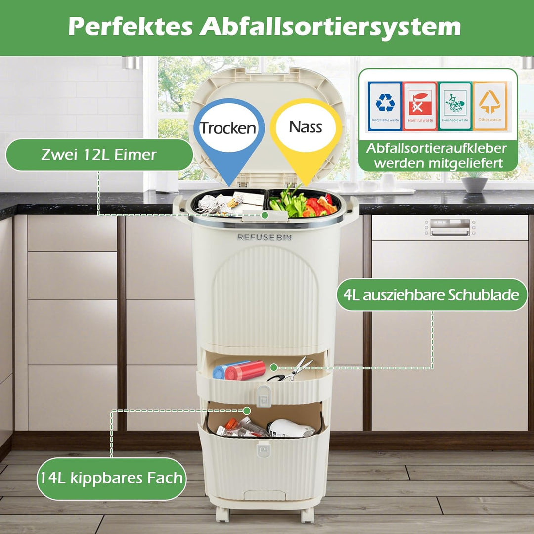 COSTWAY Mülleimer Küche, Mülltrennsystem 3 Fächer, 2 x 12L Inneneimer & 14L Treteimer, Abfalleimer m