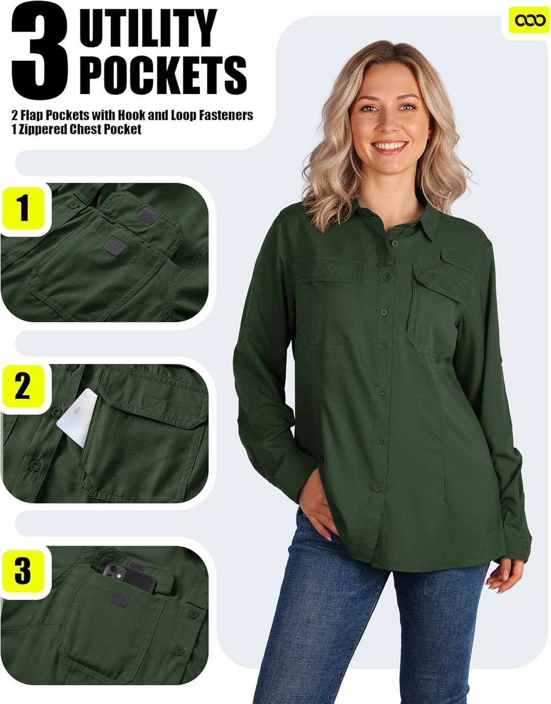 33,000ft Hemdbluse Damen UPF50 UV Schutz Hemd Schnelltrocknende Button-Down Shirts Atmungsaktive Wan