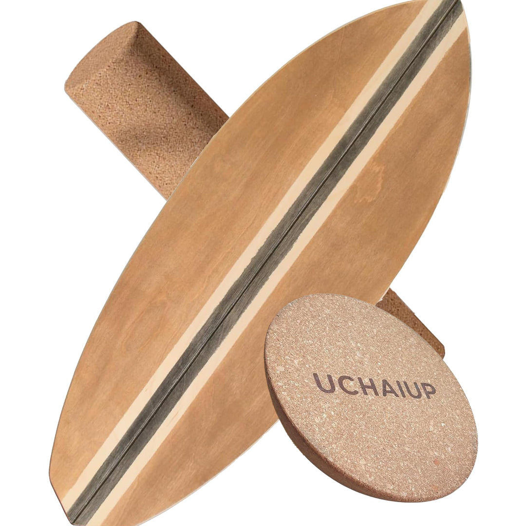 Holz Balance Board mit Rolle &amp; Halbkugel -Gleichgewichtstraining für Erwachsene - Inkl. Trainingsbal