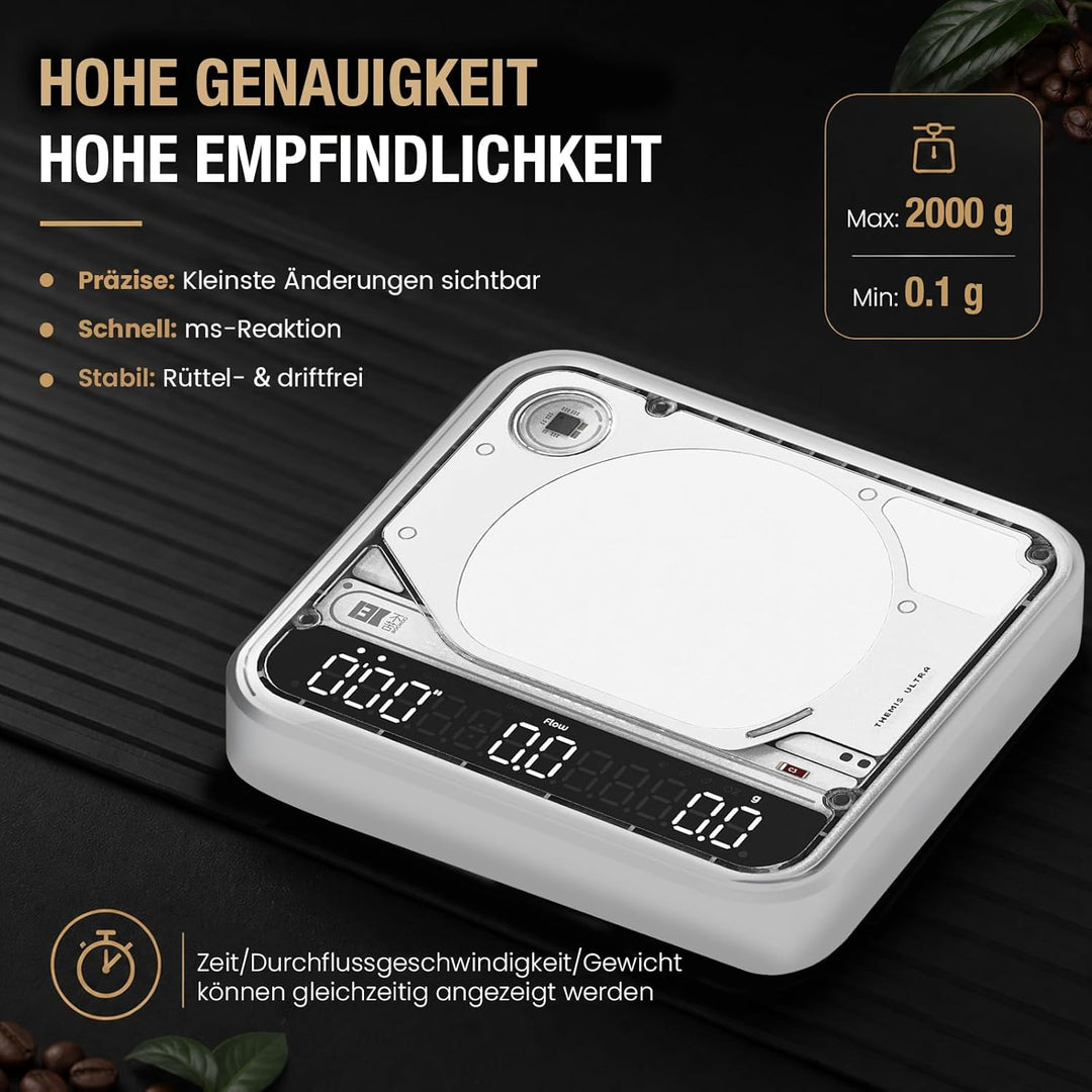 BOOKOO Kaffeewaage mit Timer, 0,1 g hochpräzise Espresso Waage, 2 kg, 4 Modi, Bluetooth-App & Flow R