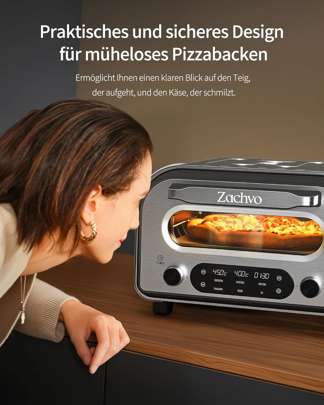 Elektrischer Pizzaofen - bis 450℃, 5 voreingestellte Pizzaarten, 1-60 Min Timer, Touchscreen & Drehr