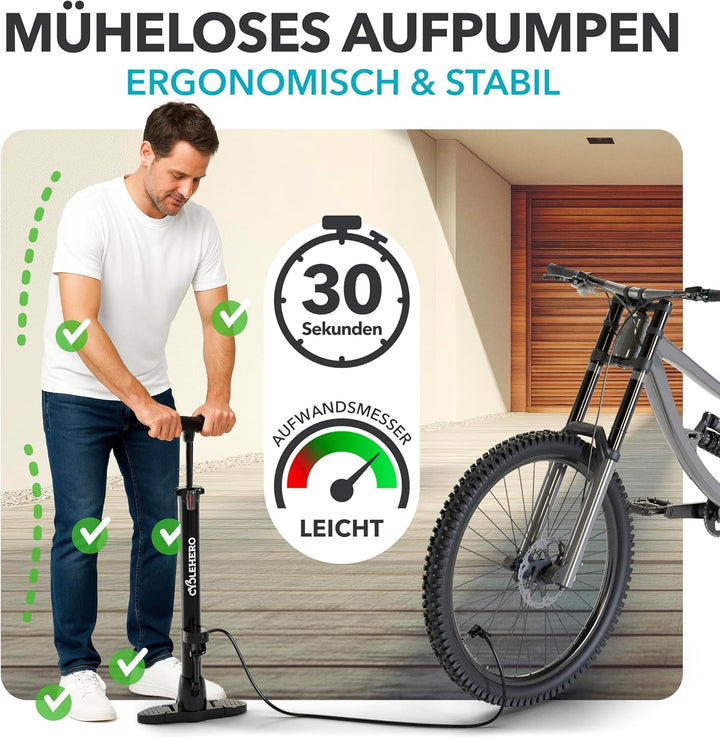 CYCLEHERO Fahrradpumpe für alle Ventile - Leistungsstarke Luftpumpe mit Manometer und 2 Jahren Garan