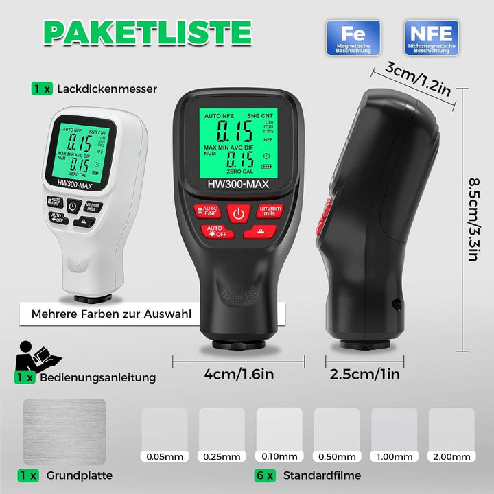 Digitales Lackmessgerät Auto, 0-2000 µm Lackdickenmessgerät für Auto, Einheitenumrechnung (Mikron, M