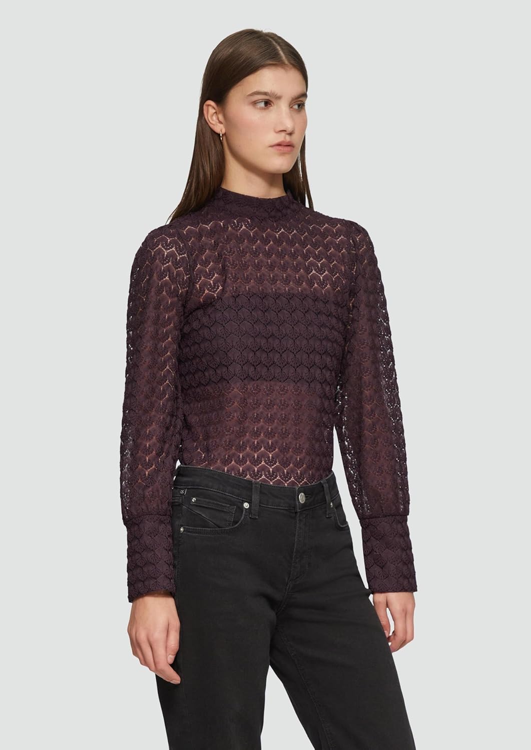 QS Transparentes Spitzen-Shirt mit Stehkragen S 4988_aubergine, S 4988_aubergine