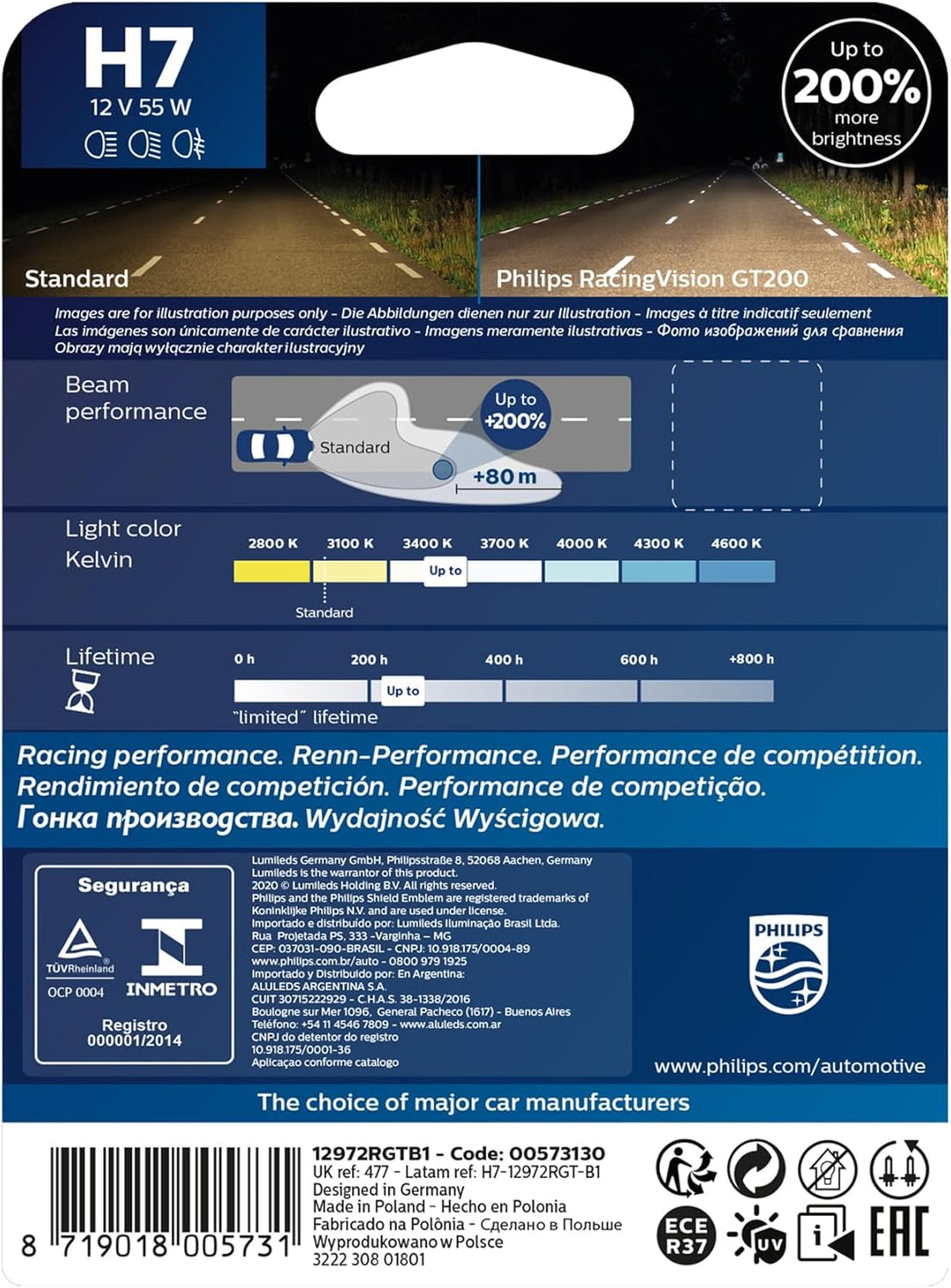 Philips RacingVision GT200 H7 Scheinwerferlampe +200%, Einzelblister 12972RGTB1 Single blister H7 Si