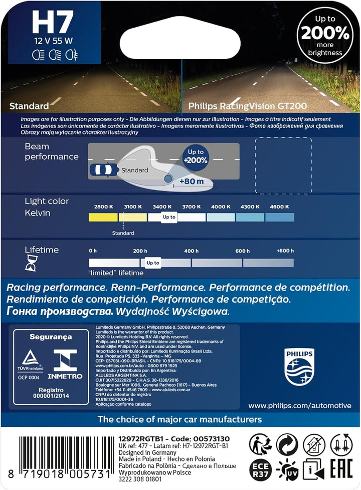 Philips RacingVision GT200 H7 Scheinwerferlampe +200%, Einzelblister 12972RGTB1 Single blister H7 Si