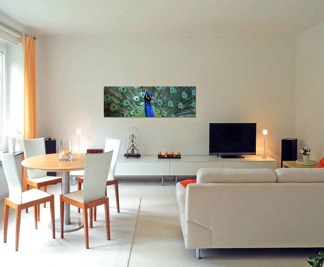 Paul Sinus Art Panoramabild auf Leinwand und Keilrahmen 120x40cm Pfau Federn Grossaufnahme Portrait