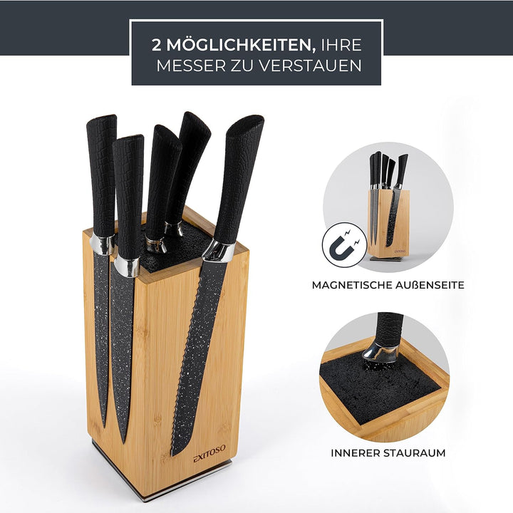 Exitoso NEU Messerblock aus Bambus, 360-Grad-Drehbar mit aussen Magneten & herausnehmbaren Borstenei