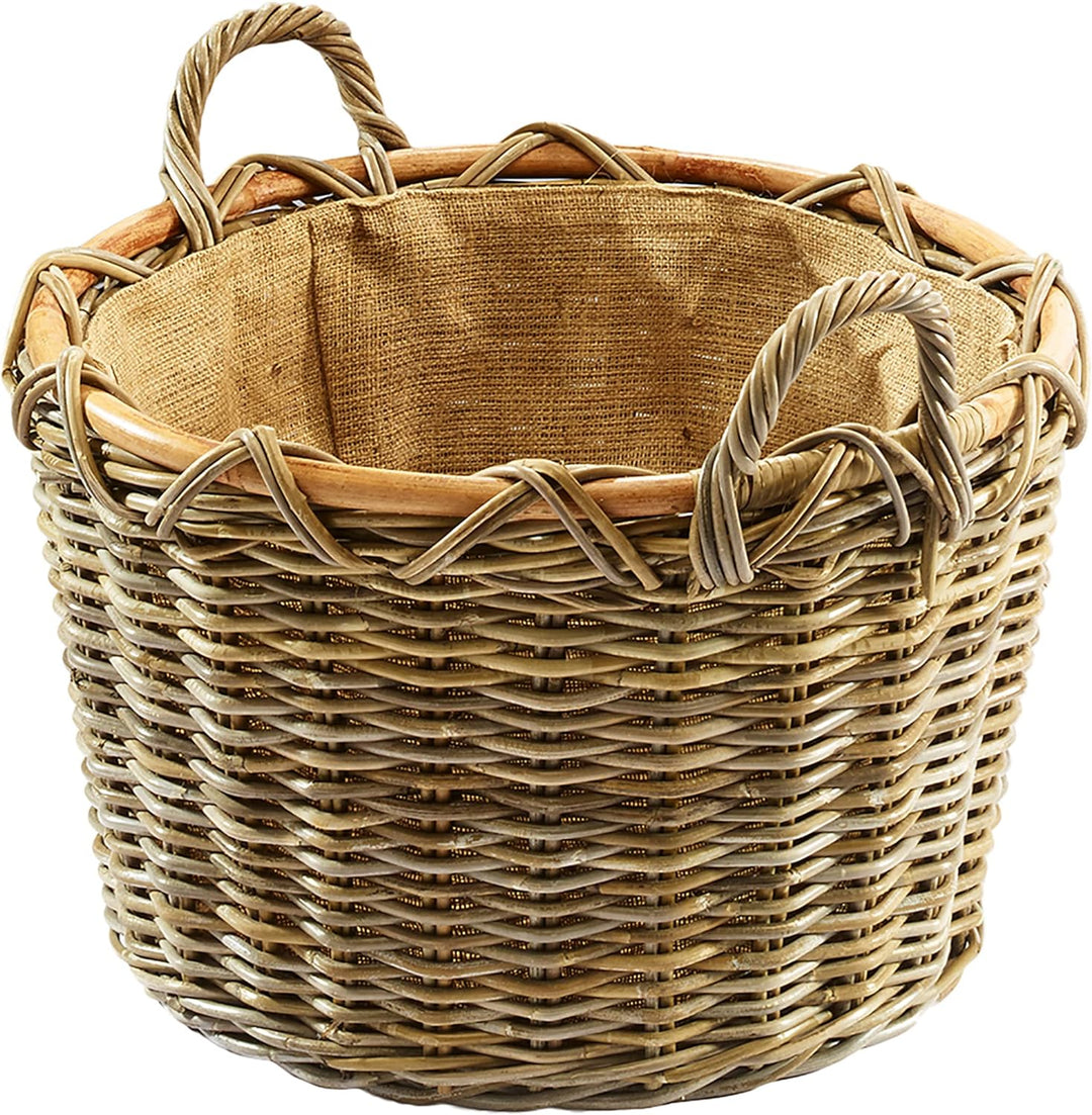 Kobolo Kaminkorb Holzkorb für Kaminholz rund Kubu grey-antique - aus Rattan mit Griffen und herausne