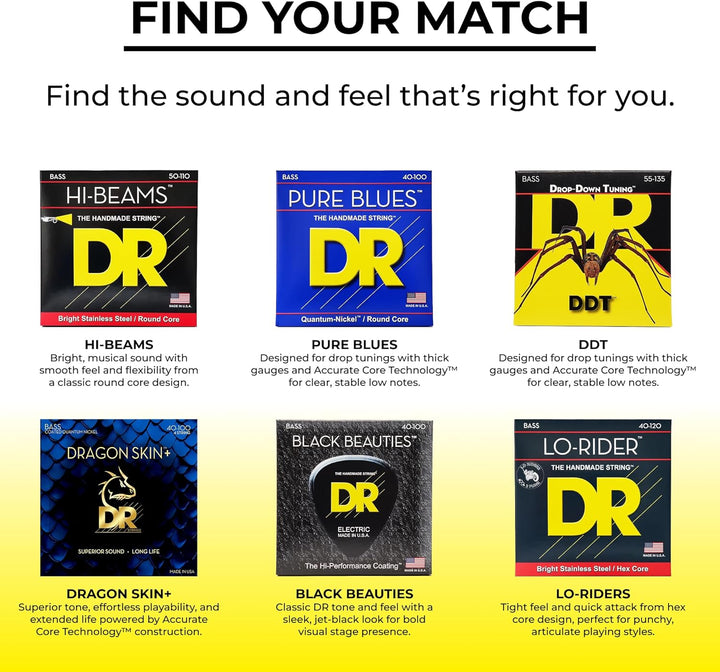 DR Strings RPB545 45-125 Medium Set Handmade Rare Coated 5-String Bass Strings