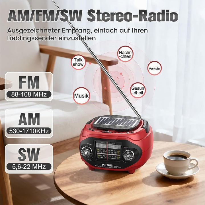PRUNUS J-666 FM/AM/SW Retro Radio mit Bluetooth, Tragbares Radio mit 1800mAh Akku, Solar/USB-C Aufla