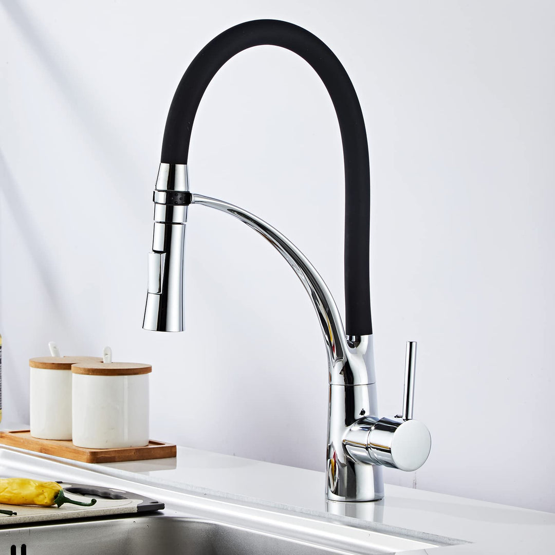 Achelous Wasserhahn Küche Schwarz, Küchenarmatur mit 360° Drehbar Schwarzer Silikon Weichschlauch, 2