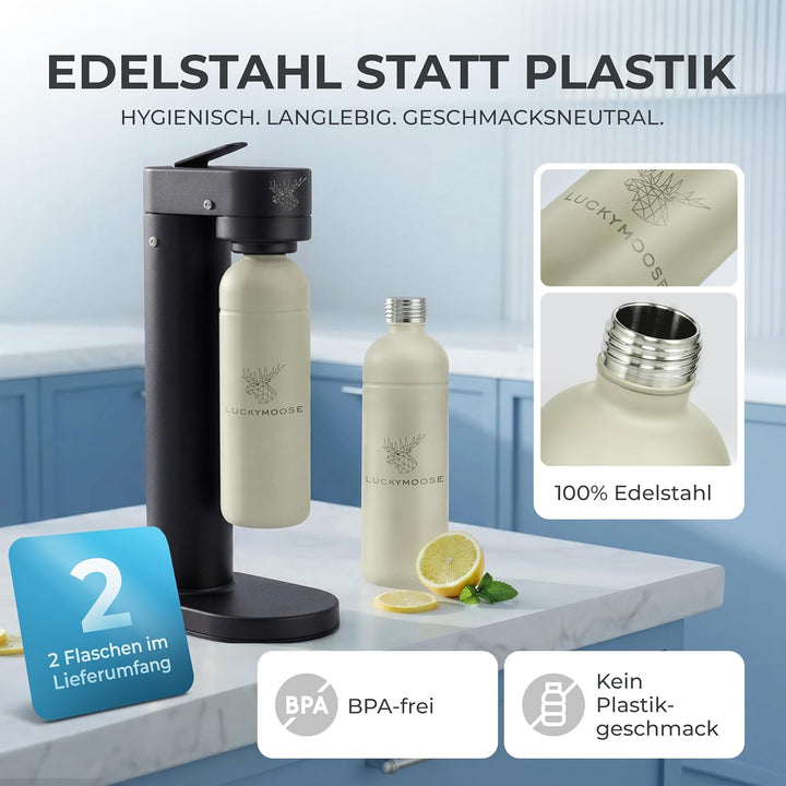 Infinity-S Wassersprudler aus hochwertigem Edelstahl (Black/Sand) – inkl. 2x 1,25L Edelstahlflaschen