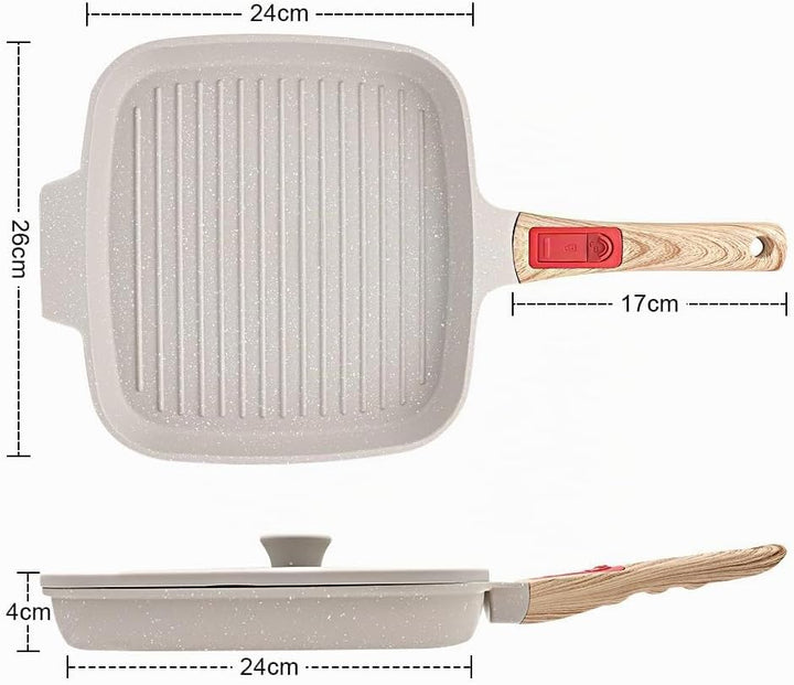 Grillpfanne Induktion mit Abnehmbarer Griff, 26 x 24 cm Steakpfanne mit Deckel Antihaft Beschichtet