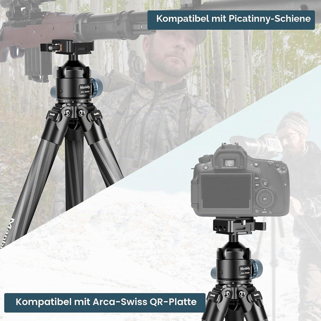 Manbily WZ-324PA Kohlefaserstativ für Aufnahmen, die Jagd, Kamera 158cm, mit Picatinny auf Arca Swis
