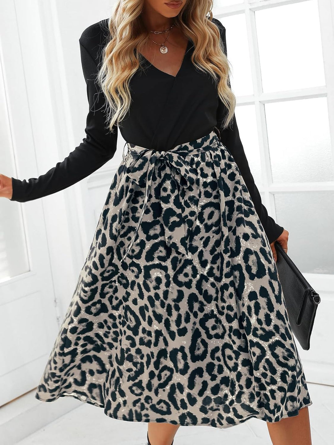 CUPSHE Damen Herbst Kleid V Ausschnitt Langarm Bindegürtel A Linie Leopardenmuster Partykleid Freize