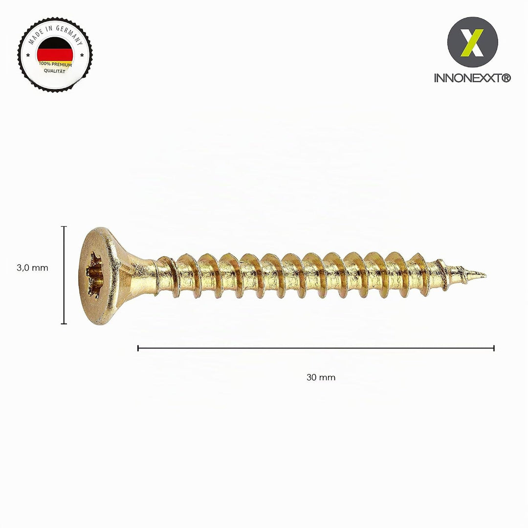 INNONEXXT® Premium Spanplattenschrauben | 3,0 x 30 mm | Fräsrippen | Cut-Spitze | Terrassenschrauben