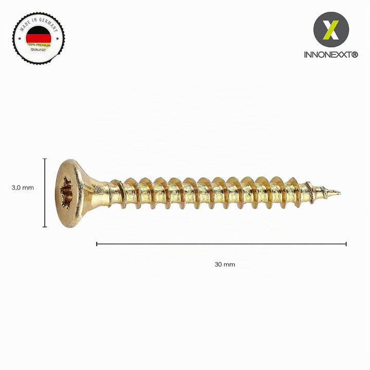 INNONEXXT® Premium Spanplattenschrauben | 3,0 x 30 mm | Fräsrippen | Cut-Spitze | Terrassenschrauben