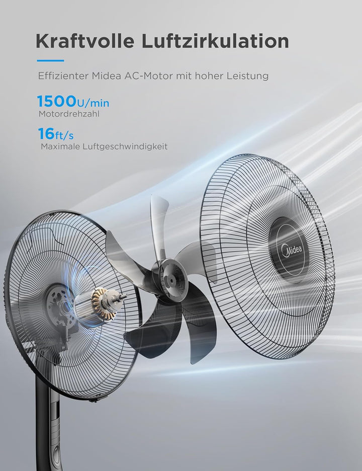 Midea FS40-15FR Standventilator Leise mit Fernbedienung,3 Geschwindigkeitsstufen,LED Anzeige, 7,5H T