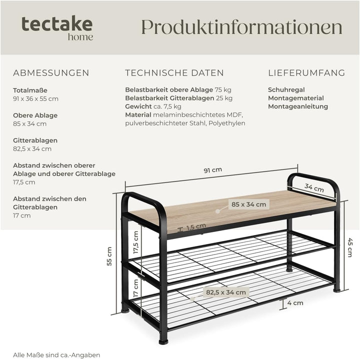 tectake 800951 Schuhregal mit Sitzfläche, Schuhbank aus Holz und Metall, Industrie-Design, 3 Ebenen