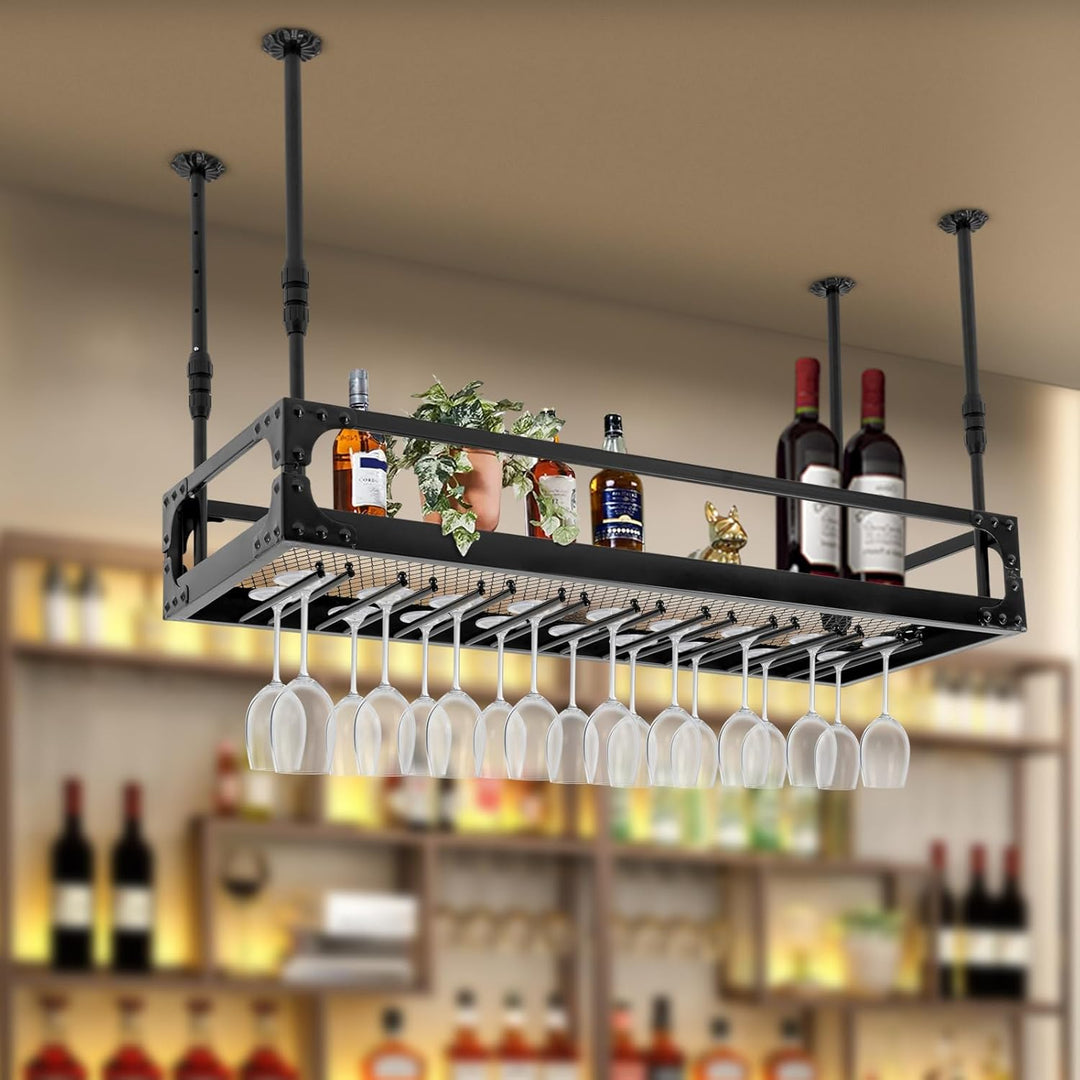 Deckenregal 100x35cm, Weinregal mit Glashalter, Schwebendes Hängeregal Höhenverstellbar, Weinflasche
