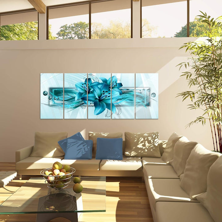 Runa Art Wandbild XXL Blumen Lilien Wohnzimmer Schlafzimmer 200 x 80 cm Türkis 5 Teilig - Made in Ge
