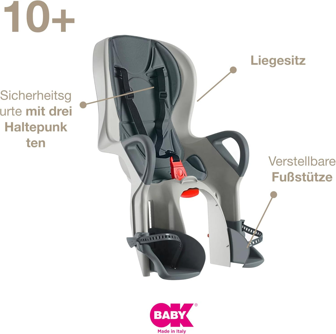 OKBABY 10+ - Fahrradsitz hinten für Kinder bis 22 kg mit Liegefunktion - Schwarz und Grau, Grau