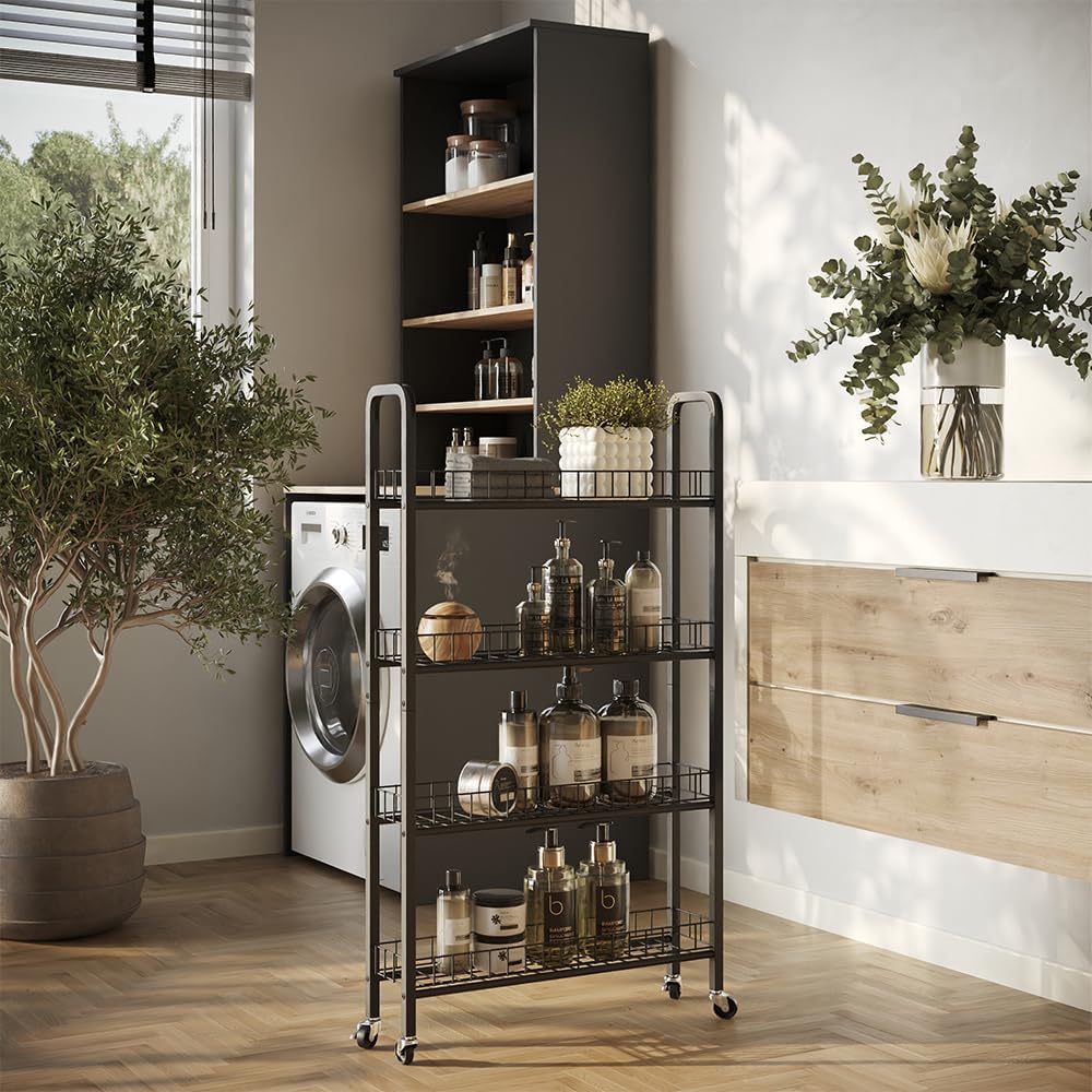 Vicco Rollregal Rolivo, Schwarz, 58 x 15 cm mit 4 Fächern, auf Rollen flexibel positionierbar für sc