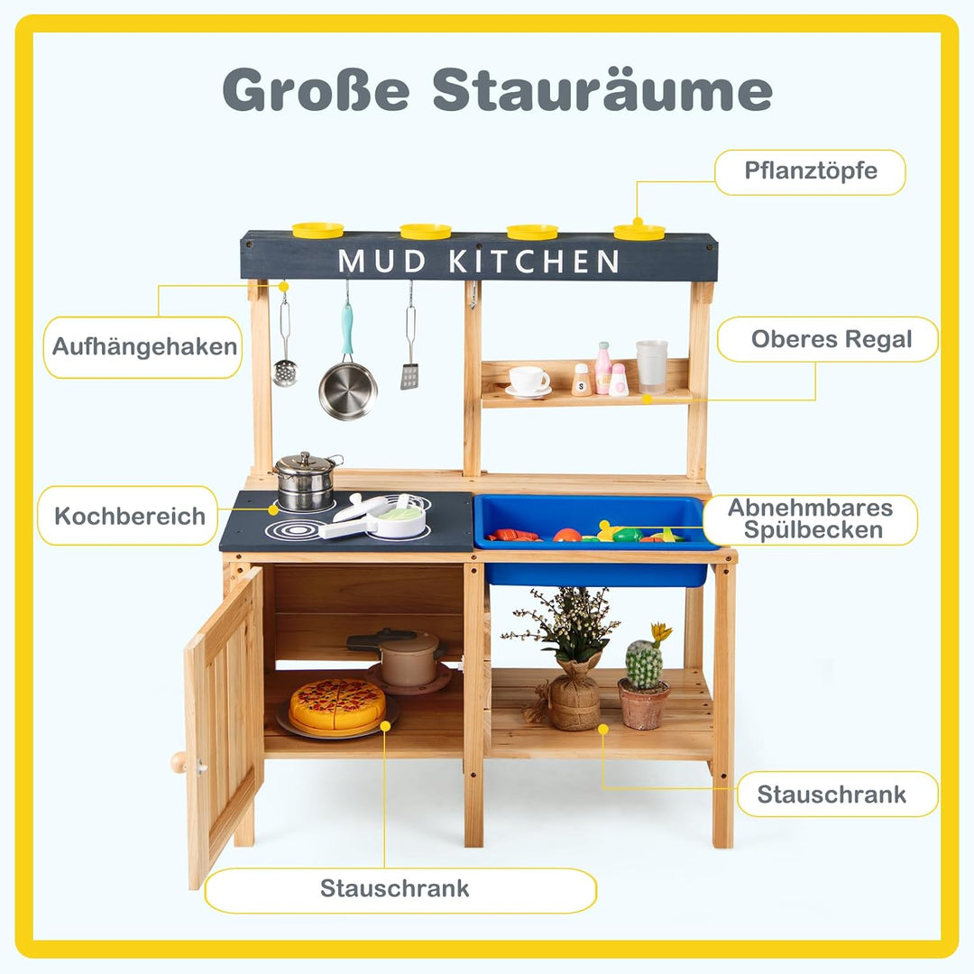COSTWAY Matschküche Kinder Outdoor, Spielküche mit abnehmbarem Waschbecken & Zubehör, Holz Kinderküc