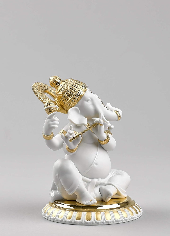 LLADRÓ Figur Ganesha Mit Bansuri. Gold. Ganesha Mit Bansuri. Porzellan.