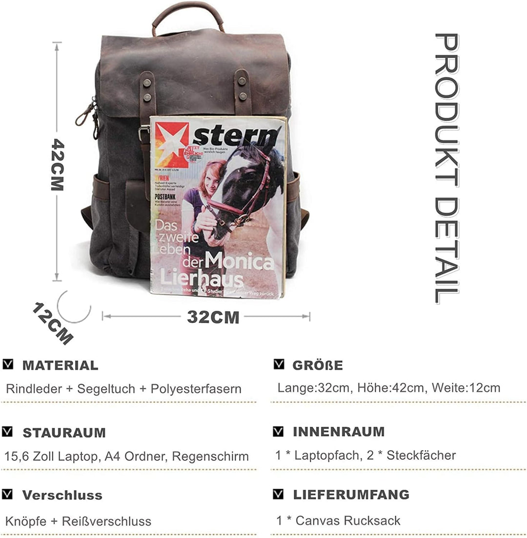 Eysee Daypack Herren Rucksack Canvas mit Leder- Vintage Rucksack Laptoprucksack für 15 Zoll Laptop U