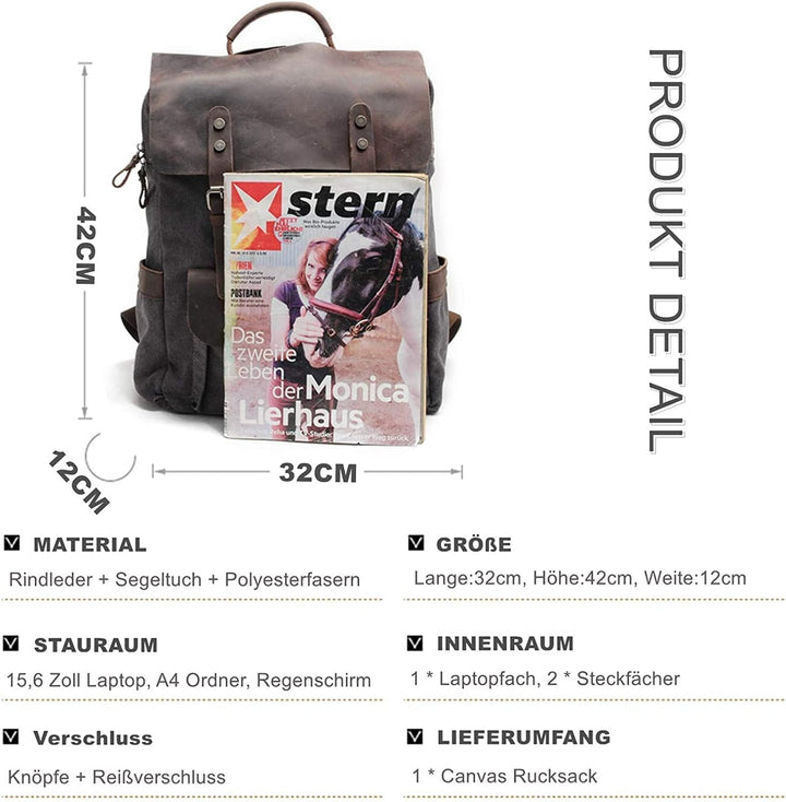 Eysee Daypack Herren Rucksack Canvas mit Leder- Vintage Rucksack Laptoprucksack für 15 Zoll Laptop U