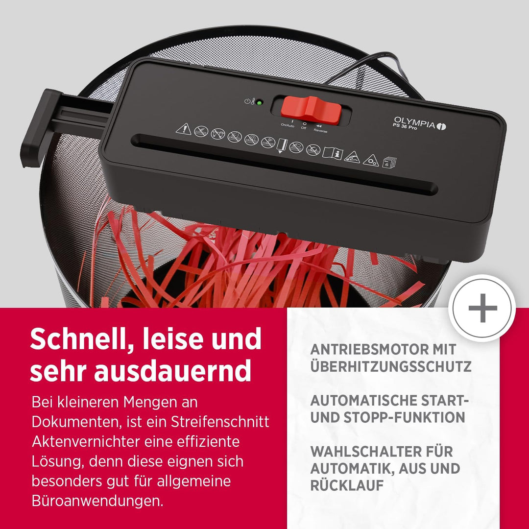 OLYMPIA PS 36 Pro Aktenvernichter | Papierschredder mit Streifenschnitt 6 mm | Schredder Aktenvernic