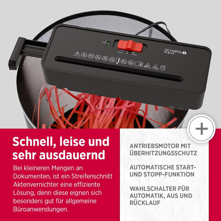 OLYMPIA PS 36 Pro Aktenvernichter | Papierschredder mit Streifenschnitt 6 mm | Schredder Aktenvernic