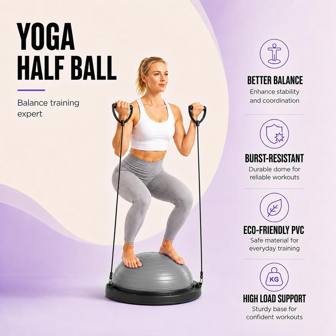 Balance Ball Halbkugel, Yoga Ball Trainer mit Pumpe 2 Fitnessbändern 58cm, 58cm