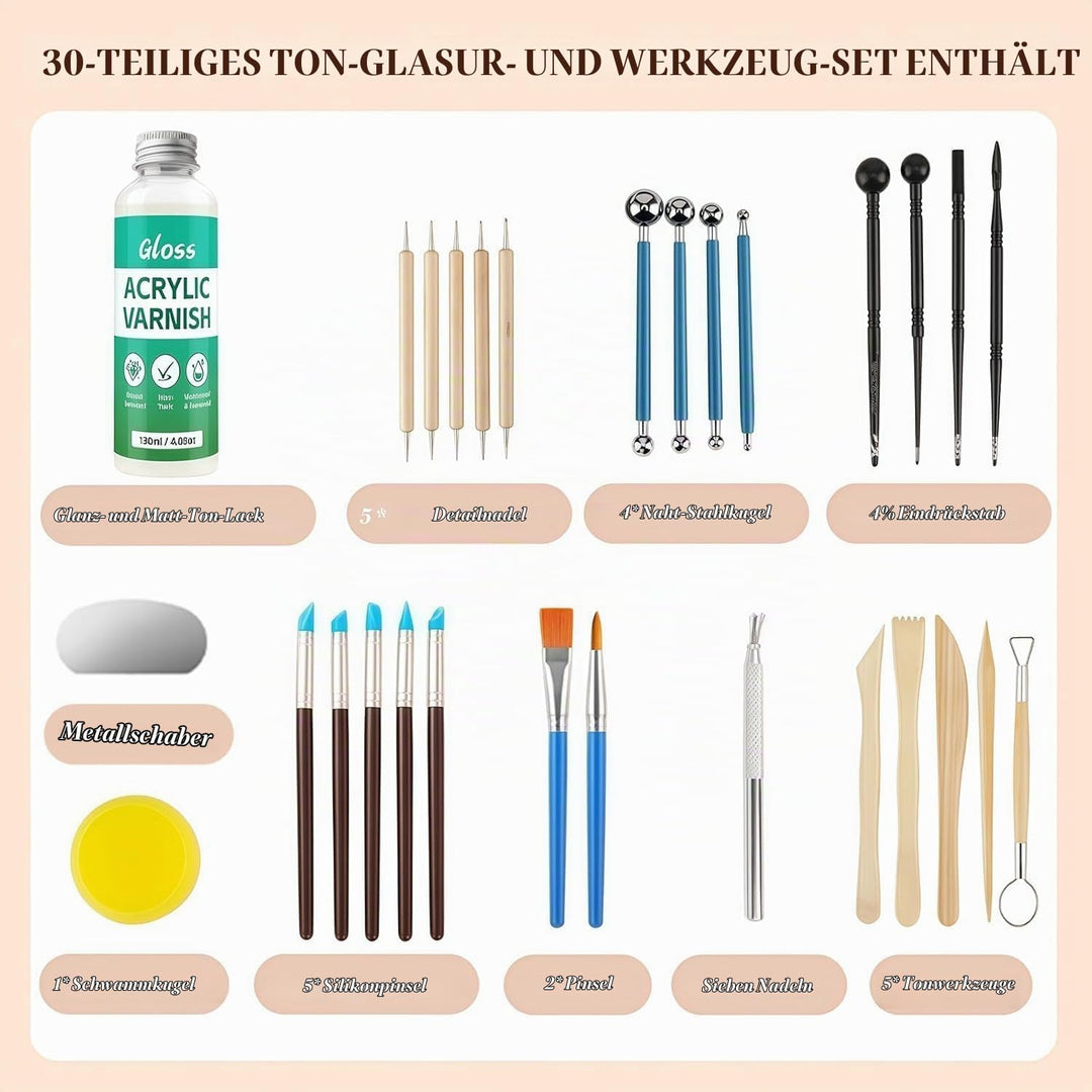 120ml Air Dry Clay Glaze - 30Pcs Tonglasur mit lufttrocknendem Ton Werkzeug Set, Modellierwerkzeug W
