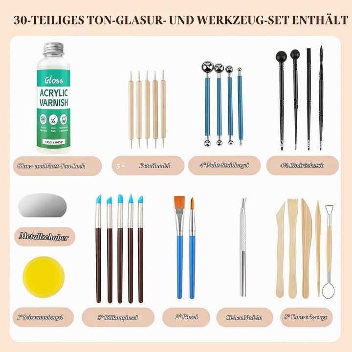 120ml Air Dry Clay Glaze - 30Pcs Tonglasur mit lufttrocknendem Ton Werkzeug Set, Modellierwerkzeug W