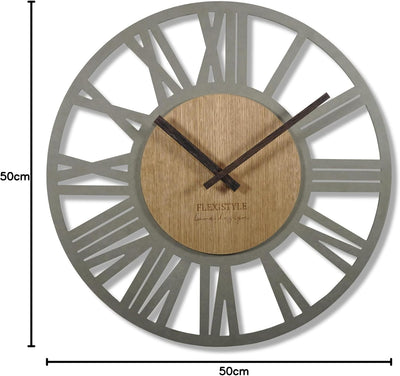 FLEXISTYLE Wanduhr gross Adulto 50cm Durchmesser LOFT Retro aus Holz Eiche ohne tickgeräusche Wohnzi