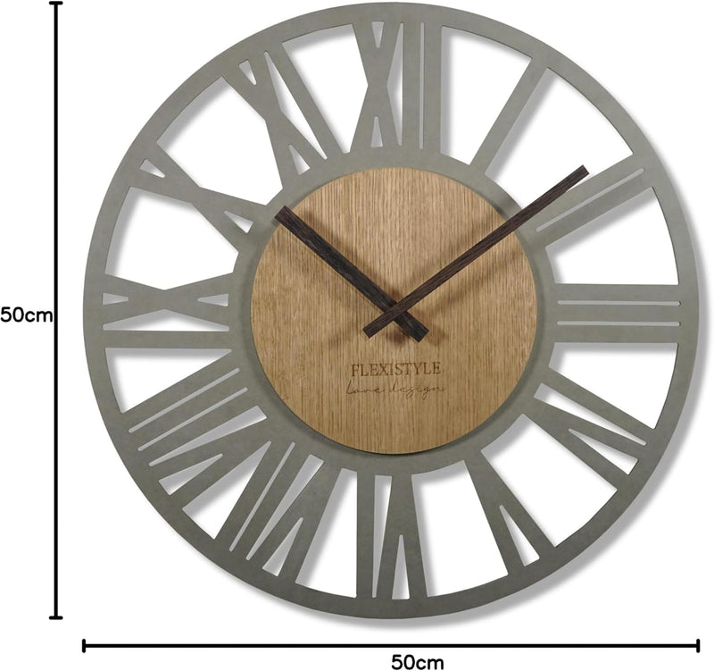 FLEXISTYLE Wanduhr gross Adulto 50cm Durchmesser LOFT Retro aus Holz Eiche ohne tickgeräusche Wohnzi