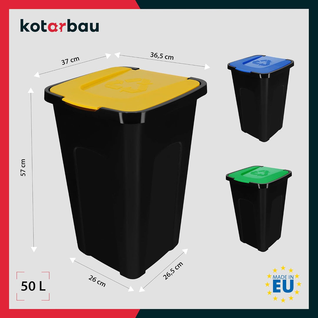 KOTARBAU® Müllbehälter 3er Set Gelb Blau Grün - Mülltrennungssystem mit Deckel, 50l Mülltonne für Ha