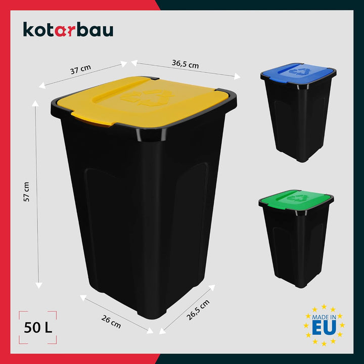KOTARBAU® Müllbehälter 3er Set Gelb Blau Grün - Mülltrennungssystem mit Deckel, 50l Mülltonne für Ha