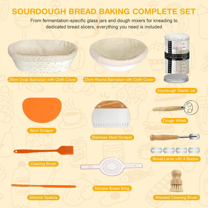 Sauerteig Starter Set, Backzubehör für Sauerteigbrot mit 2 Gärkorb (25cm Ovale & 23cm Runde), Sauert