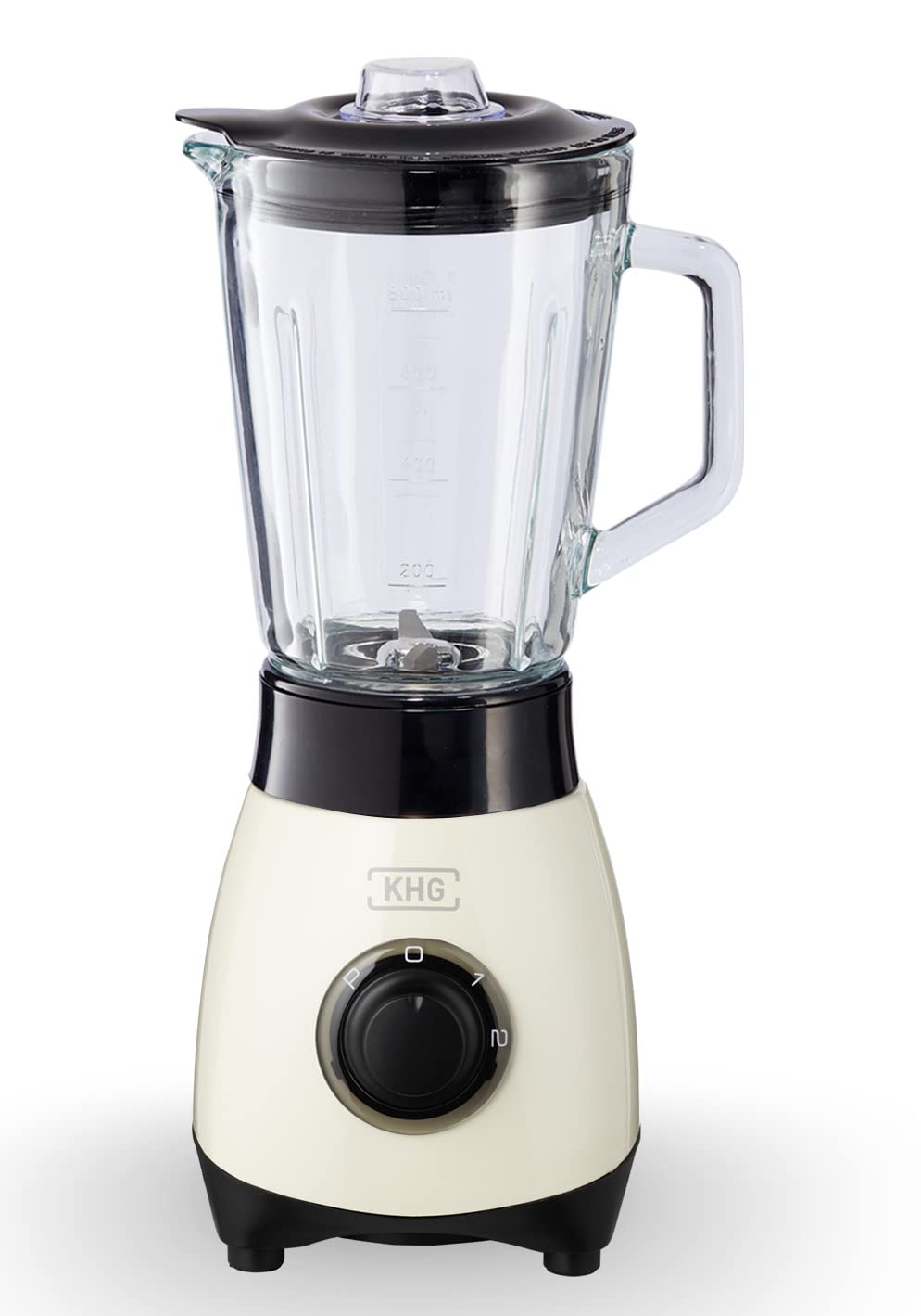 KHG Mini Standmixer 250 Watt mit 0,8 Liter Glasbehälter, Creme, 4-fache 3D Edelstahlklingen, 2 Gesch