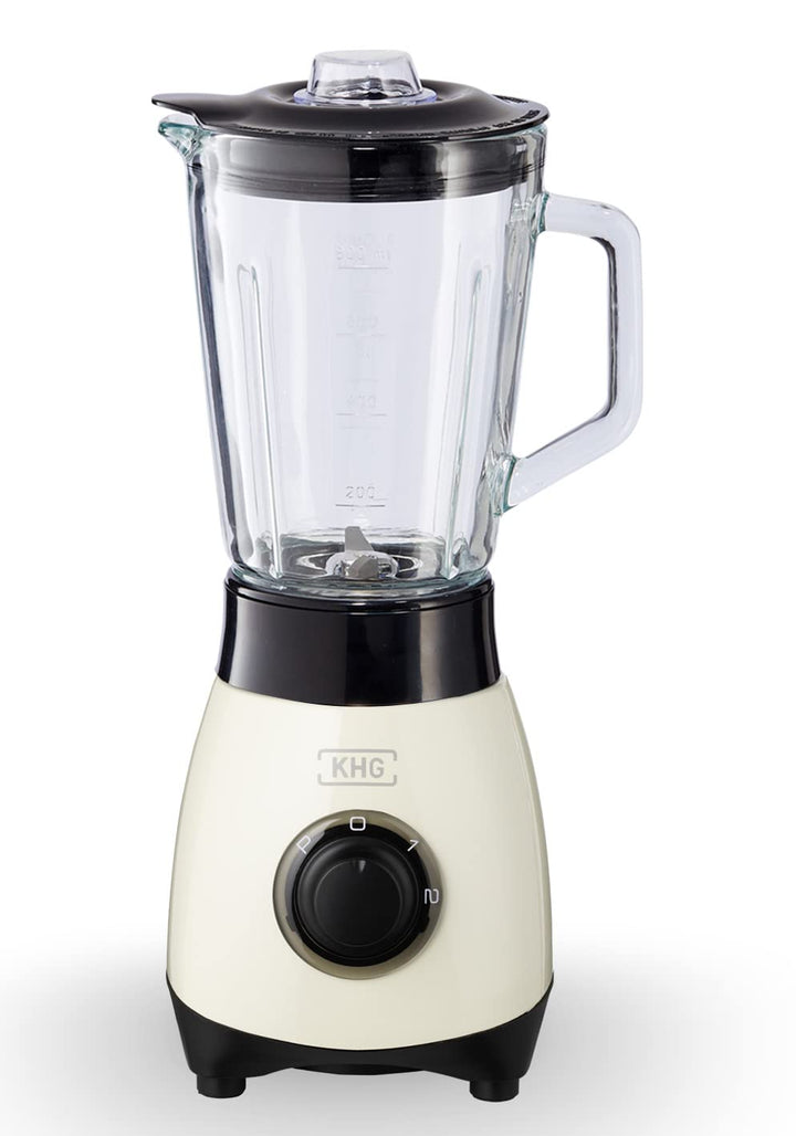 KHG Mini Standmixer 250 Watt mit 0,8 Liter Glasbehälter, Creme | 4-fache 3D Edelstahlklingen, 2 Gesc