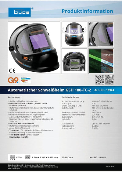 Güde GSH 180-TC-2 Automatischer Schweisshelm, Schwarz