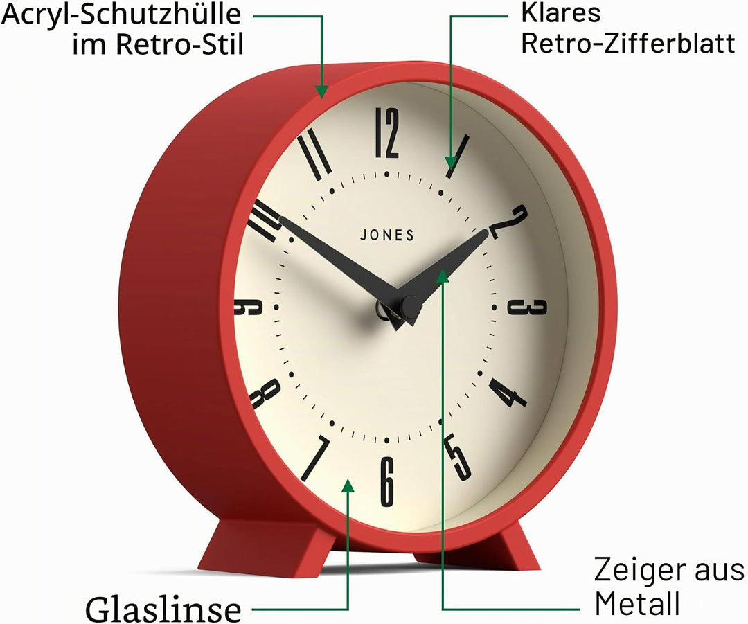 JONES CLOCKS® Venus schreibtischuhr | Modernes rundes Design | Rot | Stilvoller retrolook für Regal,