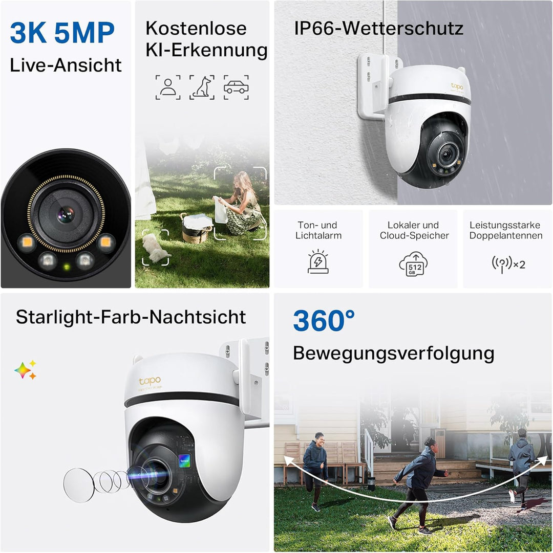 Tapo C530WS 360° Überwachungskamera Aussen, 3K 5MP, Starlight Farbe Nachtsicht, KI-Erkennung, Bewegu